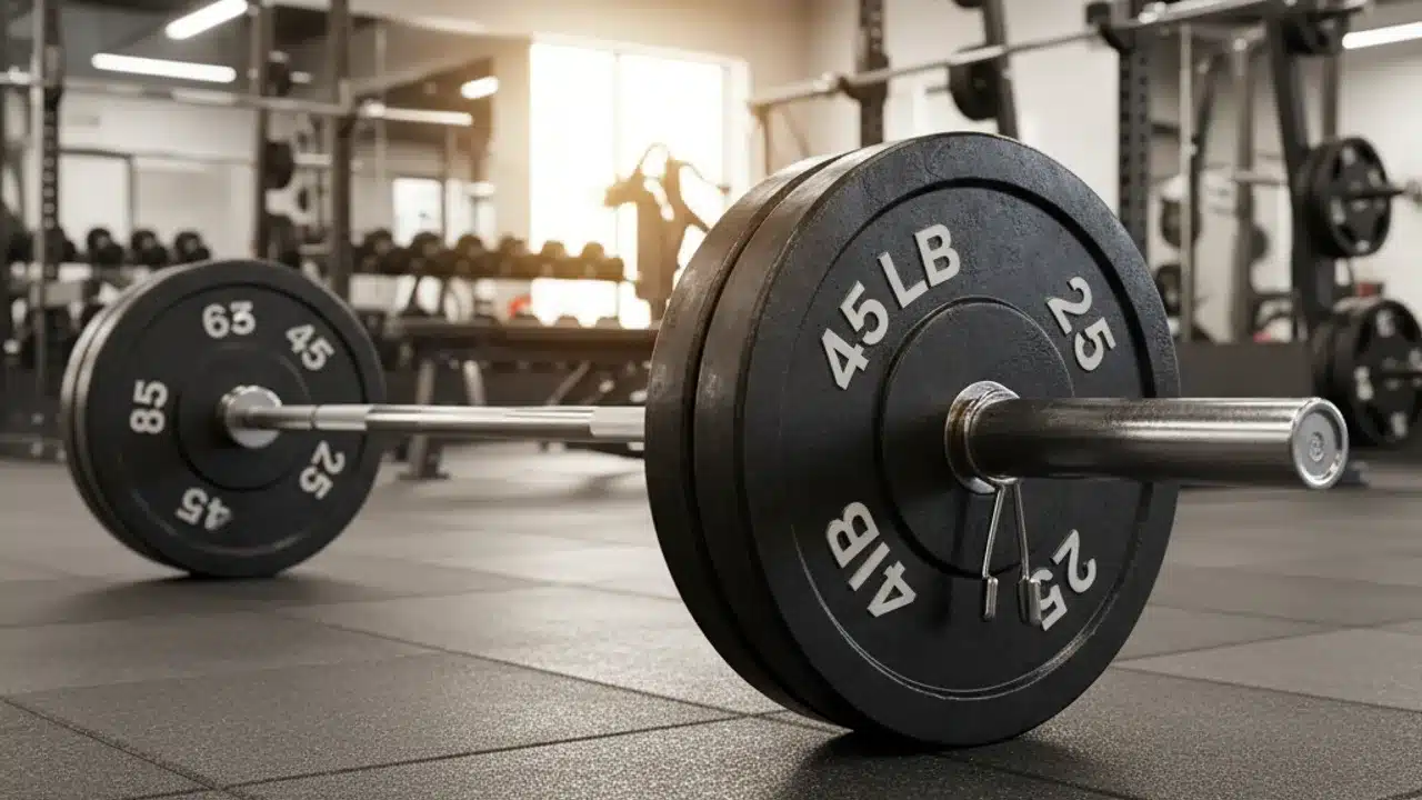 Barre olympique américaine chargée de disques en livres dans une salle de musculation