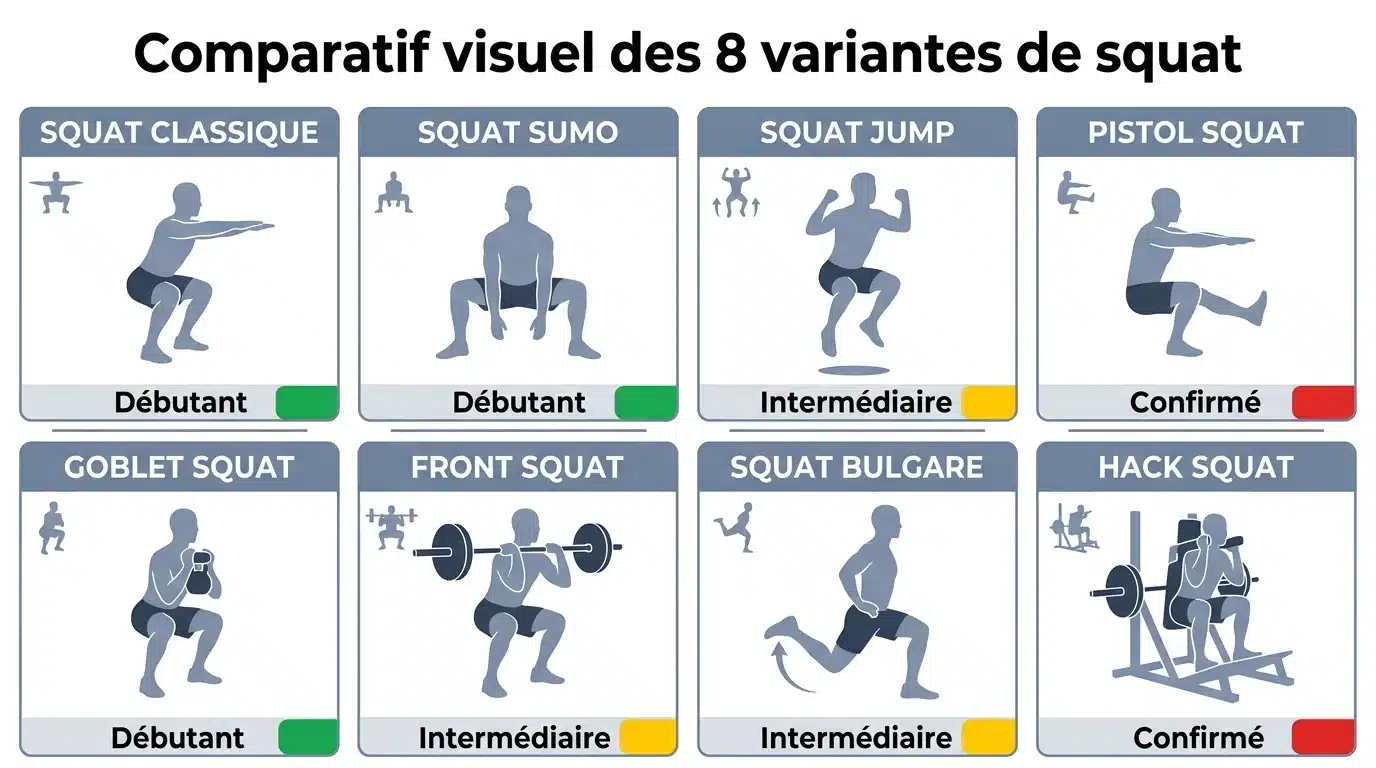 Comparatif visuel des 8 variantes de squat