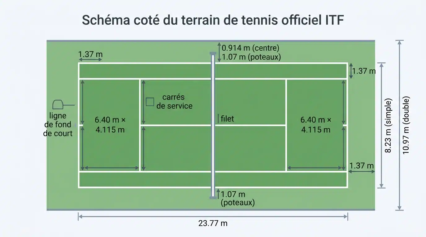 Schéma coté du terrain de tennis officiel ITF