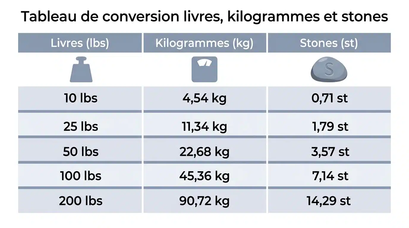 Tableau de conversion livres, kilogrammes et stones