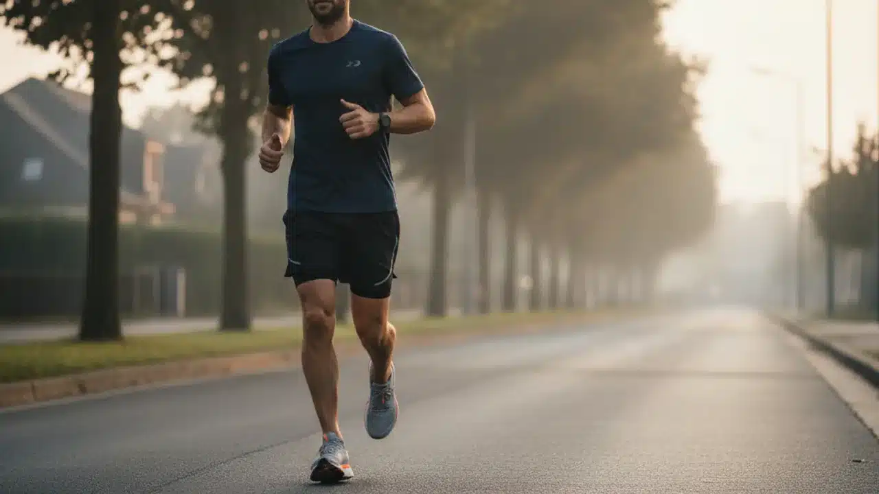 Coureur en tenue running sur route