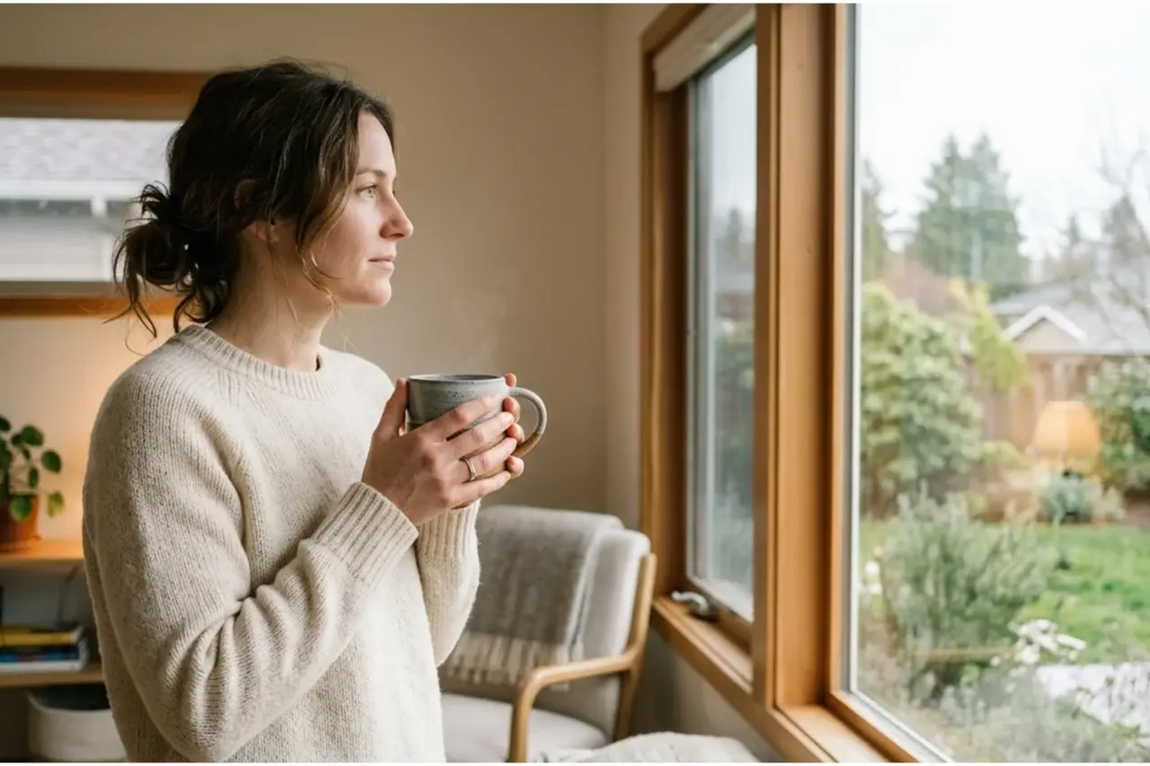 femme tenant une tasse regardant par la fenêtre